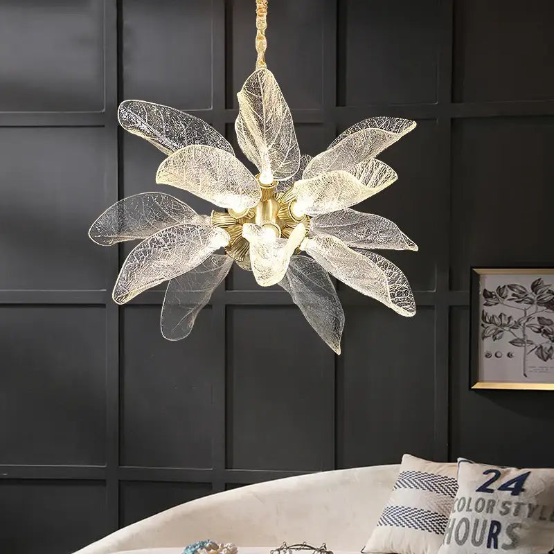 Elegant copper chandelier light with golden frame and translucent leaf glass petals for dining room decorbites elegant copper