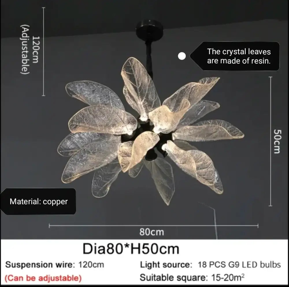 Translucent leaf-shaped chandelier light with resin crystal leaves and copper frame decorbites elegant copper chandelier