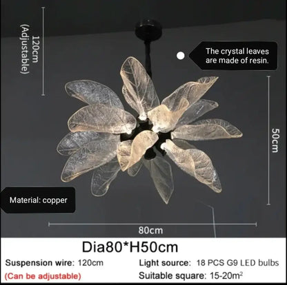 Translucent leaf-shaped chandelier light with resin crystal leaves and copper frame decorbites elegant copper chandelier