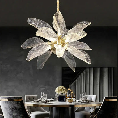 Elegant copper chandelier light featuring gold-toned metal and translucent leaf glass petals for dining room decorbites elegant copper
