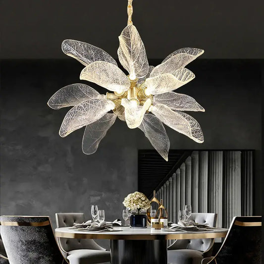 Elegant copper chandelier light featuring gold-toned metal and translucent leaf glass petals for dining room decorbites elegant copper