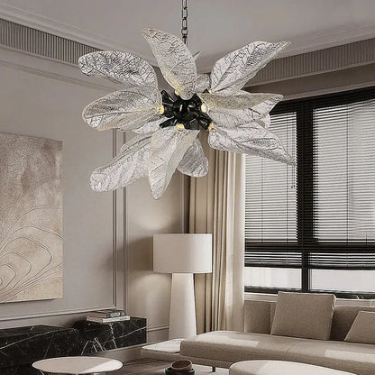 Elegant copper chandelier light with silver leaf glass petals and intricate veining for dining room decorbites elegant copper