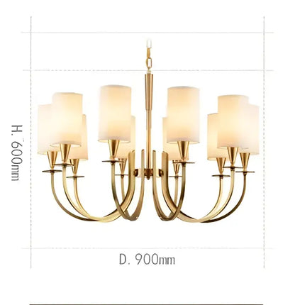 Elegant copper chandelier lights featuring a gold-toned frame with ten frosted fabric shades by decorbites copper chandelier