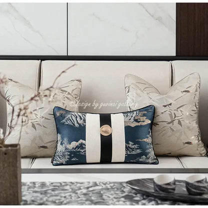 Navy blue insects embroidery cushion with white black stripes and gold circular accent from decorbites dragonfly insects collection