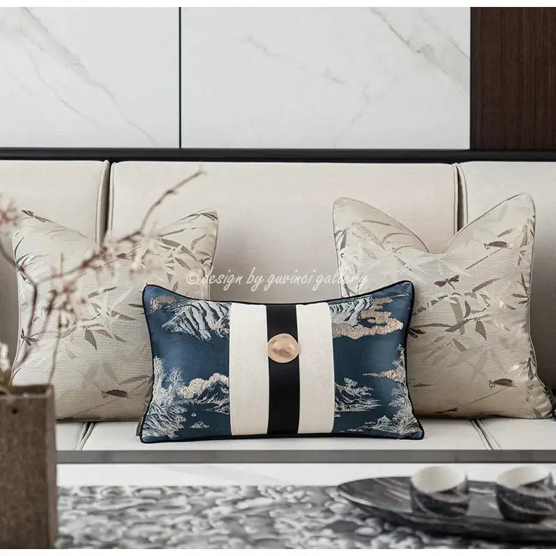 Navy blue insects embroidery cushion with white black stripes and gold circular accent from decorbites dragonfly insects collection