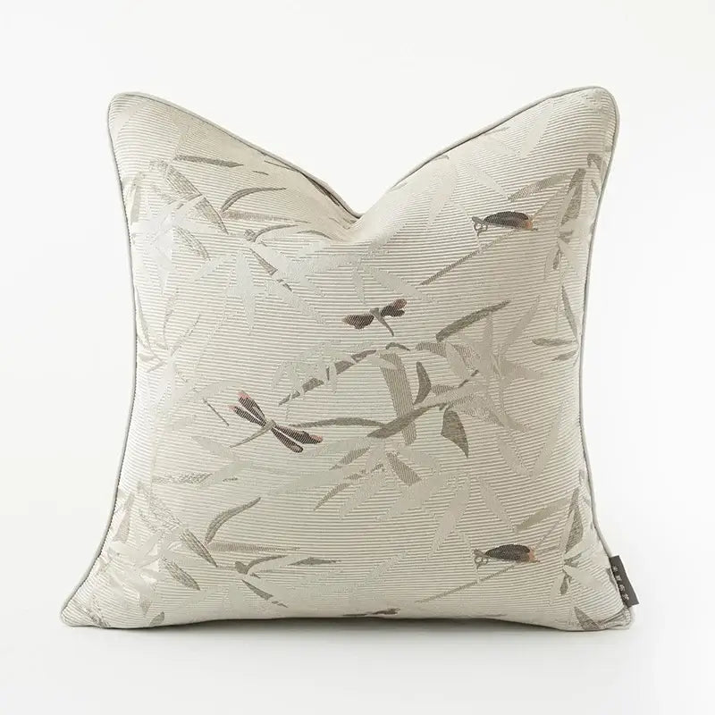 Elegant cream dragonfly insects embroidery cushion cover with beige woven bamboo and muted gray brown tones decorbites dragonfly insects
