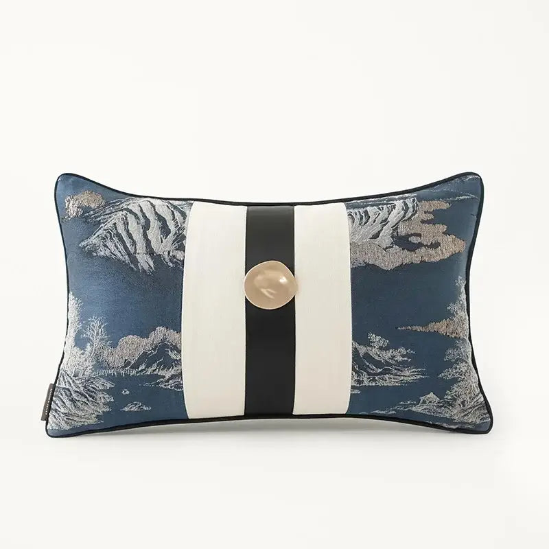 Rectangular navy blue decorbites dragonfly insects embroidery cushion with mountain design and beige button centerpiece