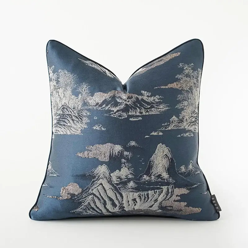 Elegant cream dragonfly insects embroidery cushion cover with deep blue satin and silver gold landscape design decorbites dragonfly insects