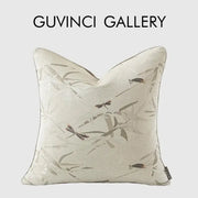 Elegant cream insects embroidery cushion cover with gray bamboo and dark brown dragonfly decorbites dragonfly insects design