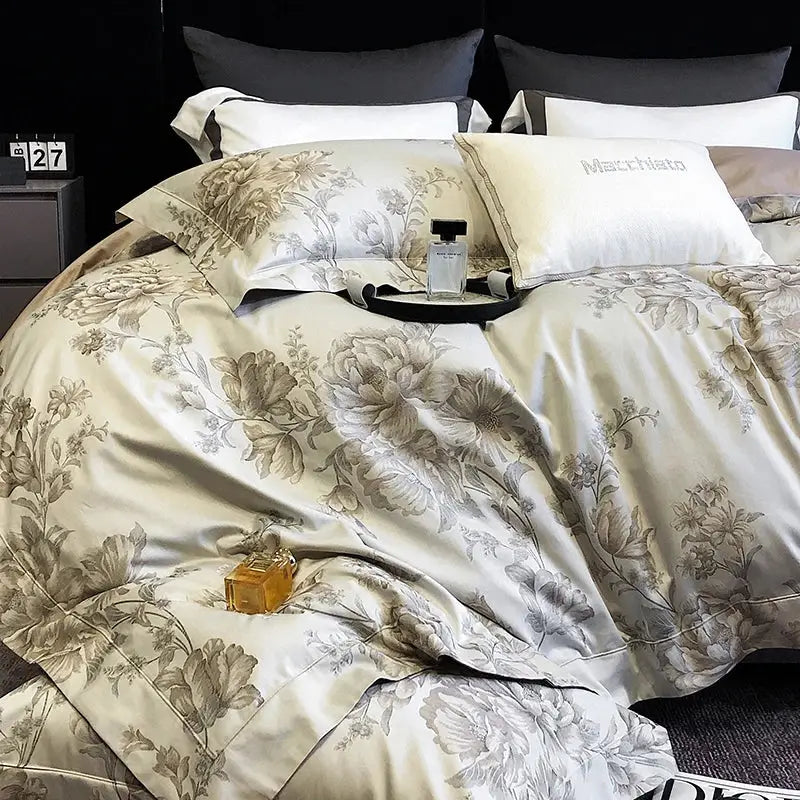 Elegant cream satin floral bedding set in 1200tc Egyptian cotton with gray embroidery and marrhato branded pillowcases