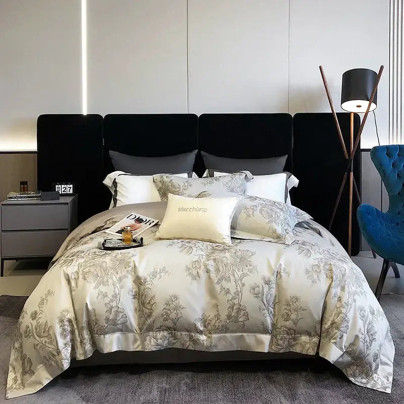 Elegant cream satin floral bedding set with subtle gray embroidery made from decorbites 1200tc egyptian cotton