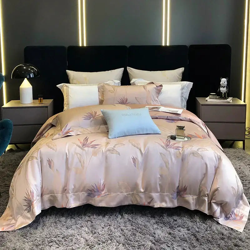 Elegant cream satin floral bedding set with blush pink floral pattern and decorbites 1200tc egyptian cotton sheen
