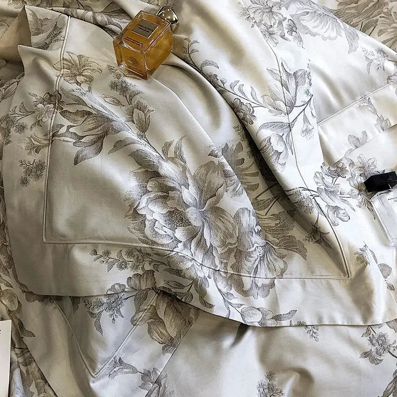 Elegant ivory silk pillowcase with gray floral embroidery in decorbites 1200tc egyptian cotton bedding set
