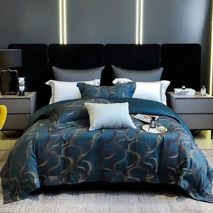 Luxurious teal and gold patterned satin duvet cover set with matching pillowcases in decorbites 1200tc egyptian cotton bedding set