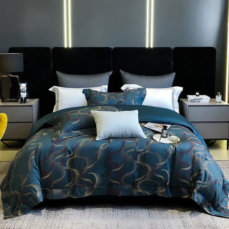 Luxurious teal and gold patterned satin duvet cover set with matching pillowcases in decorbites 1200tc egyptian cotton bedding set