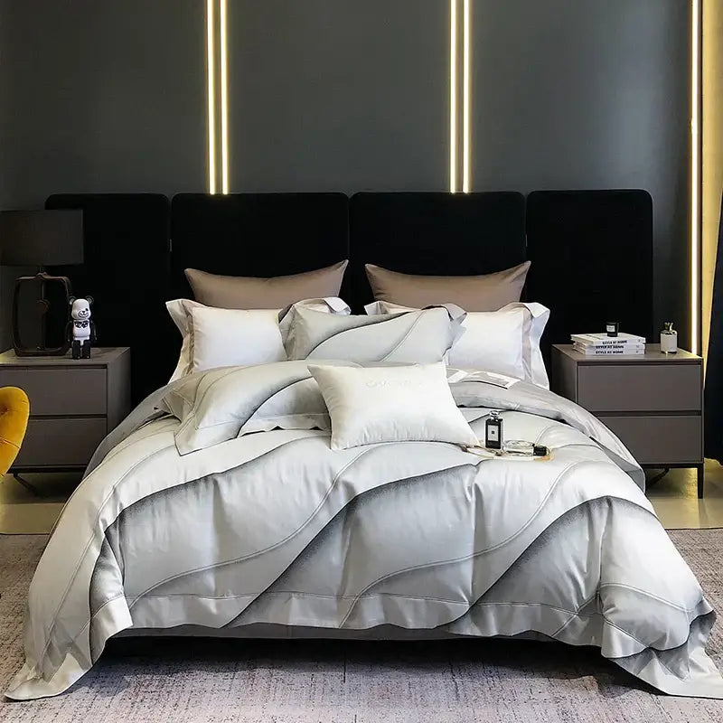 Luxurious silver-gray satin duvet cover bedding set with wave-pattern stitching and matching pillowcases by decorbites 1200tc egyptian cotton