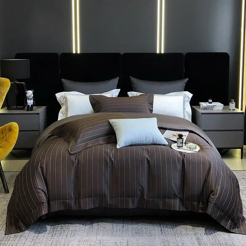 Brown striped duvet cover with subtle vertical lines in soft fabric finish from decorbites 1200tc egyptian cotton bedding set