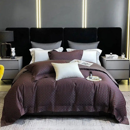 Purple quilted satin duvet bedding set with matching pillows and white cushions in elegant cream decorbites 1200tc egyptian cotton