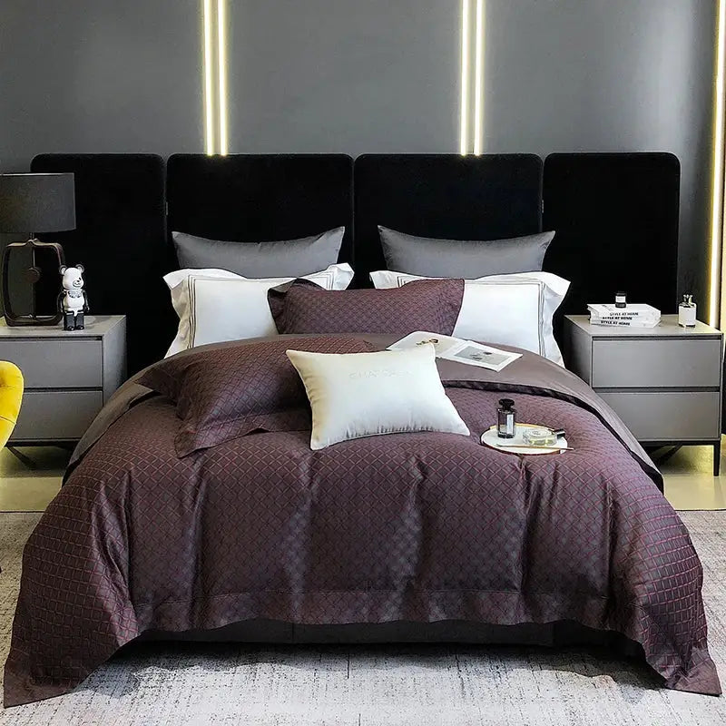 Purple quilted satin duvet bedding set with matching pillows and white cushions in elegant cream decorbites 1200tc egyptian cotton