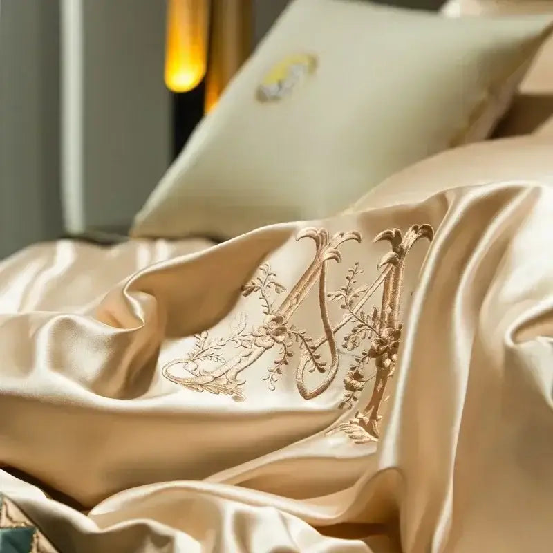 Elegant cream satin bedding set with gold thread embroidery in decorbites 1200tc egyptian cotton fabric