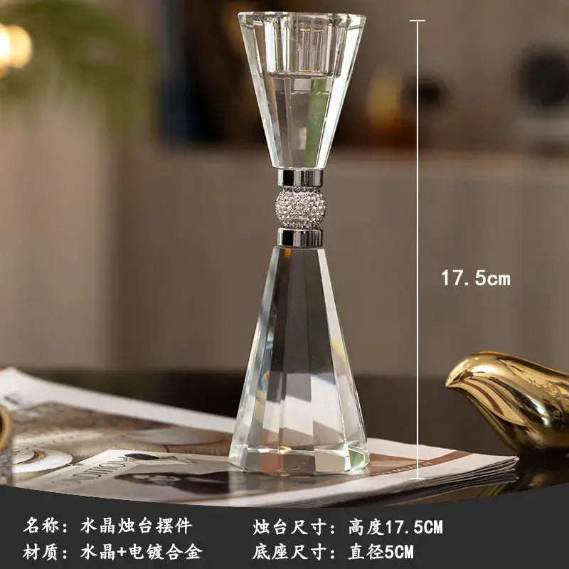 Elegant clear crystal candle holder with silver-plated diamond-encrusted band in candle holder set for dining decor