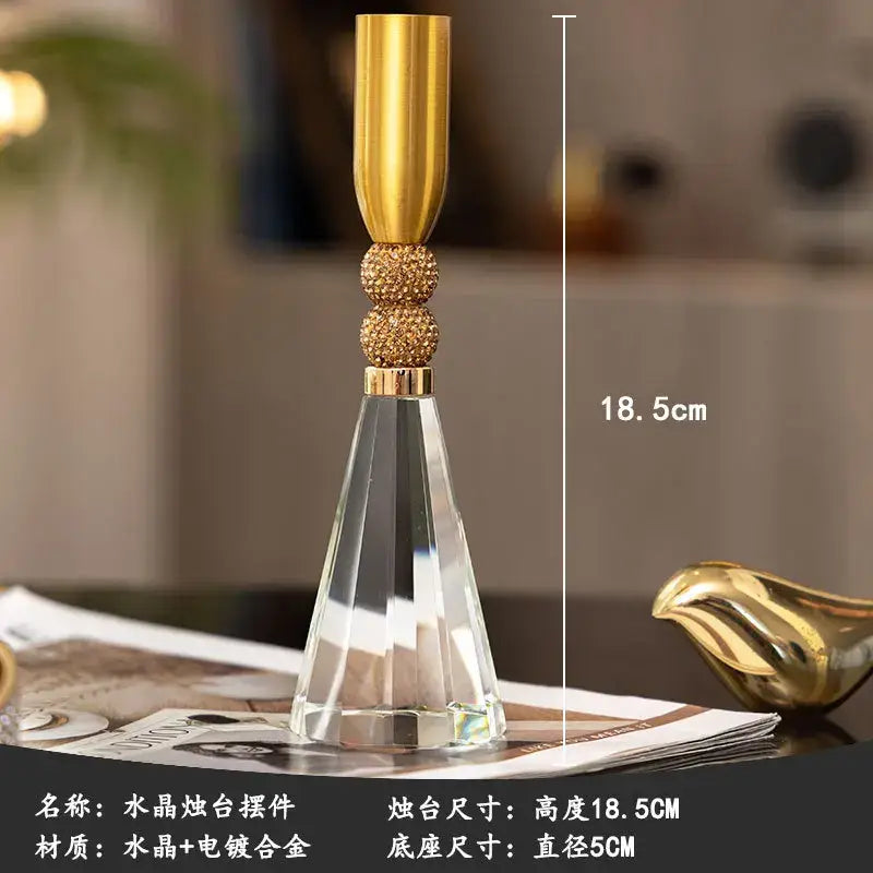 Elegant crystal and gold candle holder set featuring an 18.5cm tall holder with gold-plated top and beaded accents