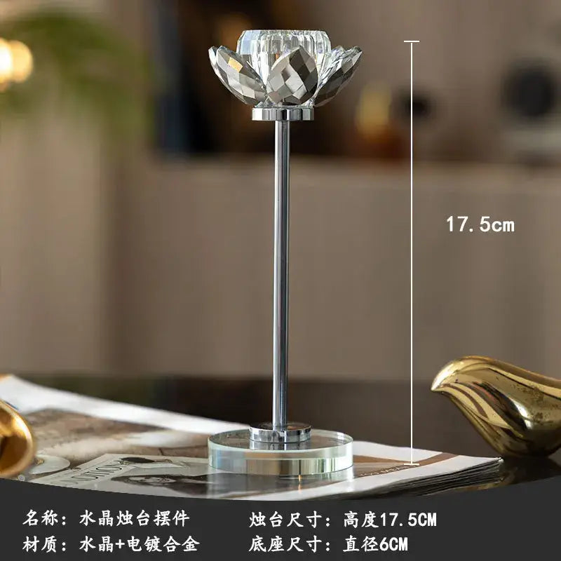 Elegant crystal and gold candle holder set featuring a 17.5cm clear faceted glass holder with polished chrome base