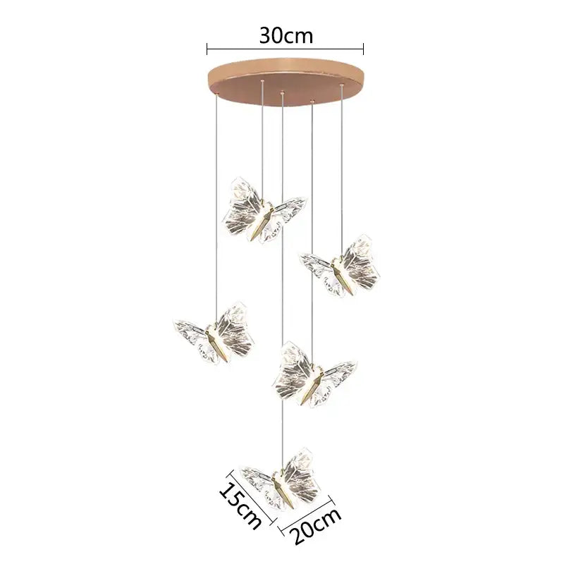 Elegant crystal butterfly pendant lamp with five translucent butterfly pendant lamps suspended from wooden mount