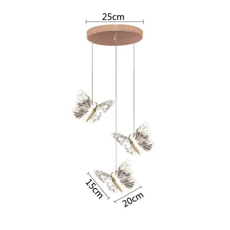 Elegant crystal butterfly pendant lamp with three translucent crystal butterflies and rose gold decorbites crystal butterfly mount