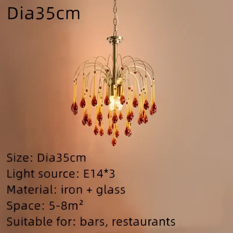 A brass-finished elegant crystal ceiling chandelier with amber and clear glass beads for dining room decorbites elegant crystal