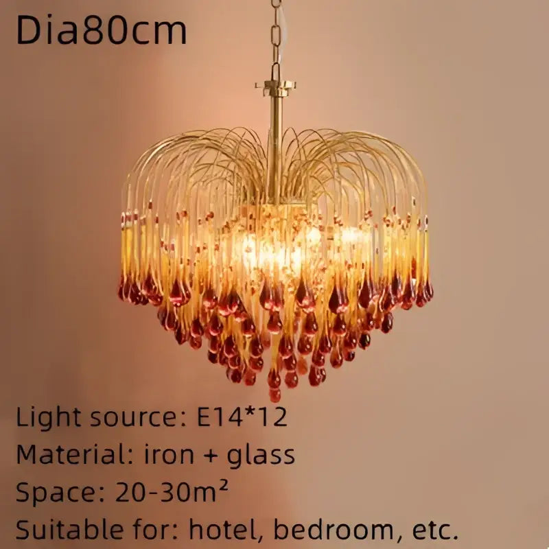 Golden heart-shaped decorbites elegant crystal ceiling chandelier with cascading amber and red glass teardrop pendants