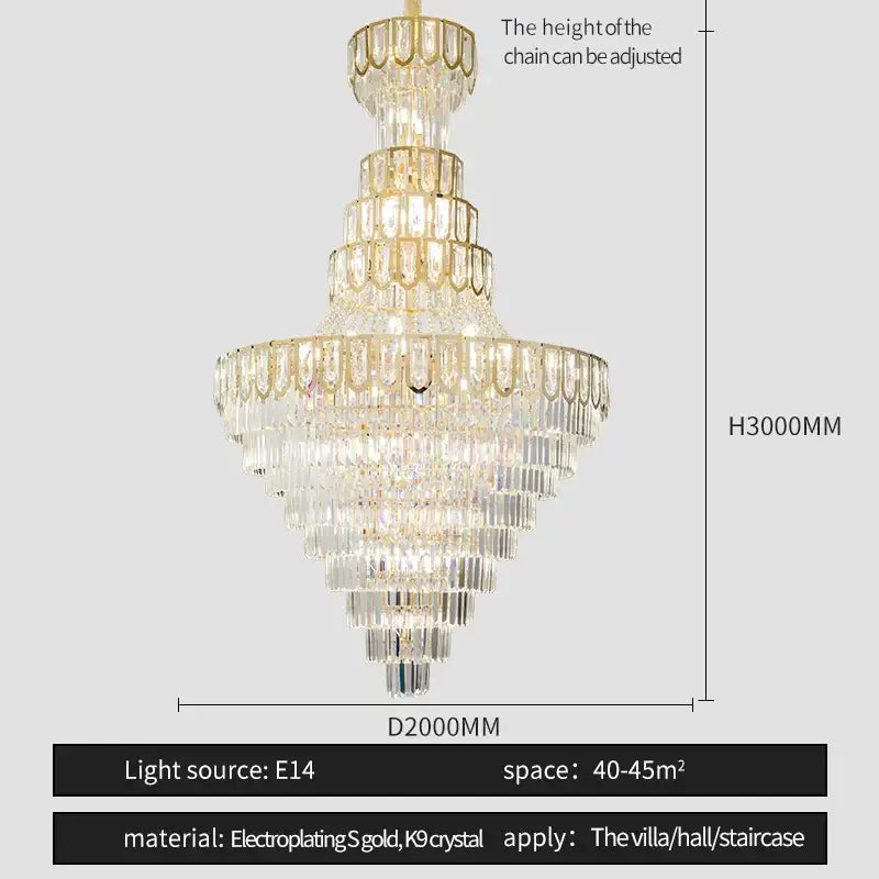 Elegant crystal chandelier by decorbites featuring cascading glass prisms with gold electroplated frames for villa decor