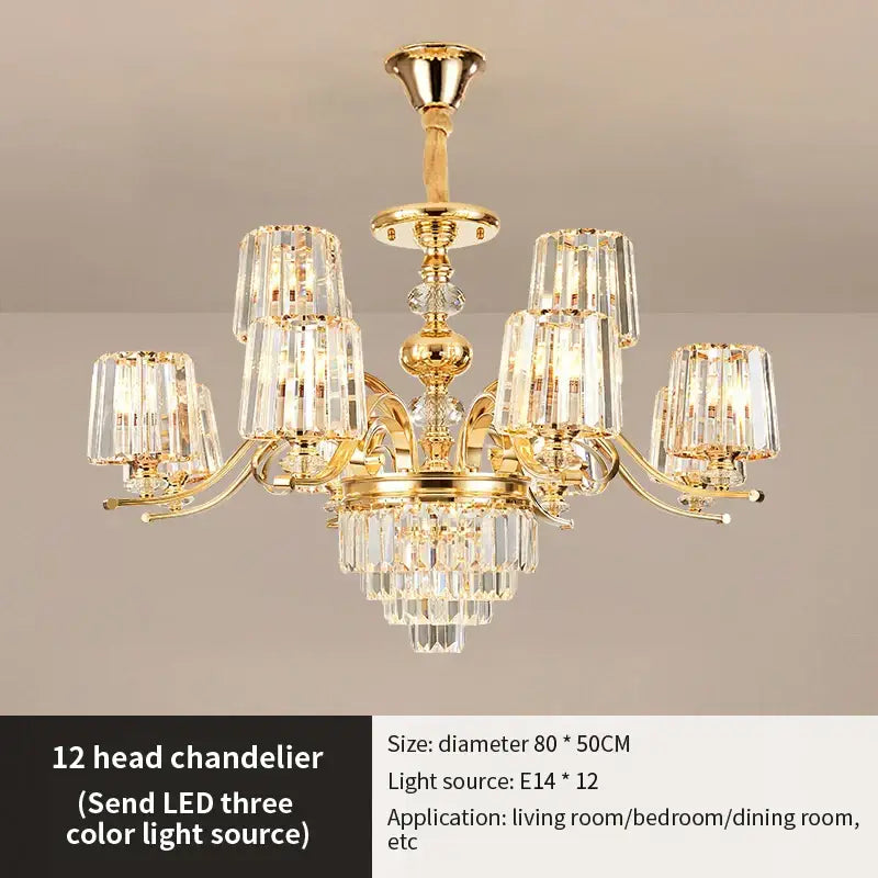 Elegant crystal chandelier gold living room lighting with twelve crystal-encased led lights and cascading cut glass tiers by decorbites elegant crystal