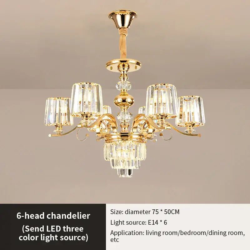 Gold-finished decorbites elegant crystal six-arm chandelier with clear crystal shades for living room lighting