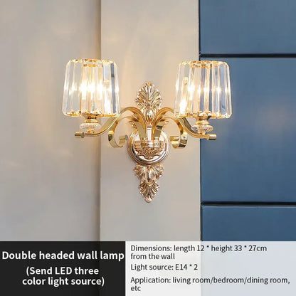 Gold-toned double-headed wall lamp with crystal glass shades for decorbites elegant crystal chandelier living room lighting