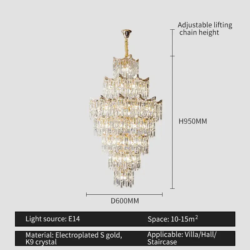 Elegant crystal chandelier by decorbites featuring multi-tiered k9 crystal and electroplated gold finish for living rooms