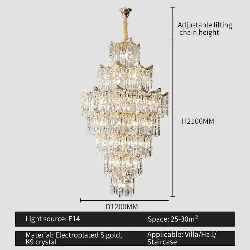 Elegant crystal chandelier gold multi-tiered with cascading k9 crystal prisms by decorbites elegant for villa decor