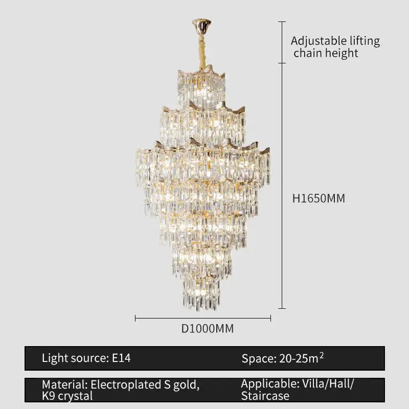 Elegant crystal chandelier gold multi-tiered with k9 crystal strands and electroplated s gold for villa decorbites elegant