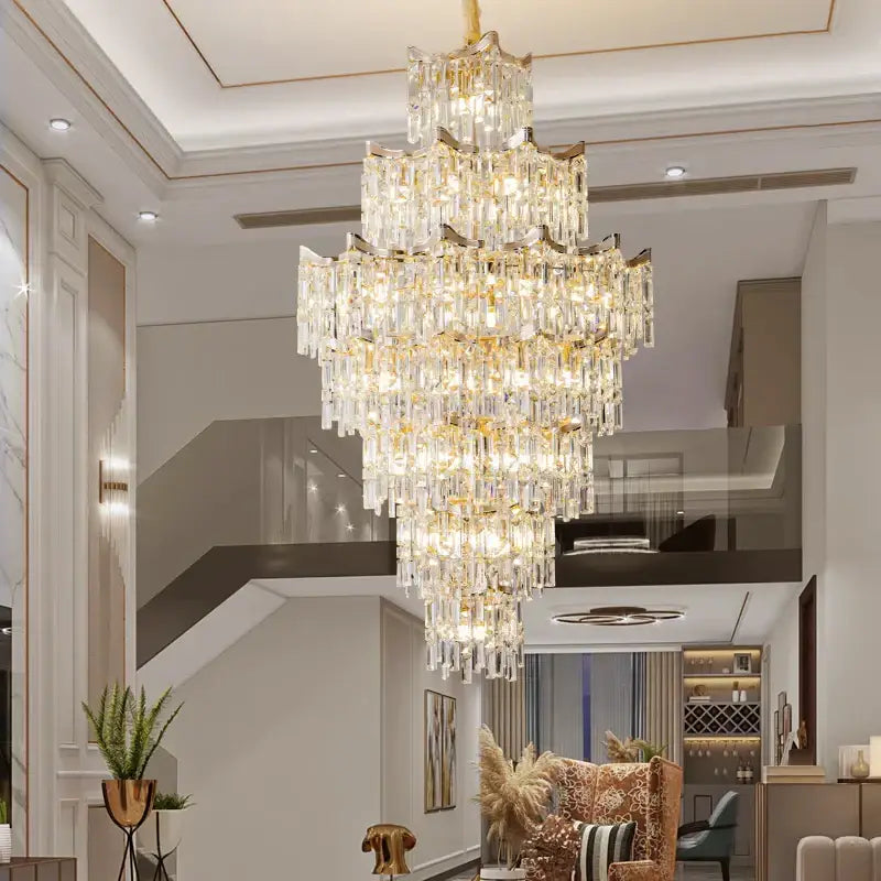 Elegant crystal chandelier by decorbites with gold-toned metal and cascading clear glass prisms for living room decor