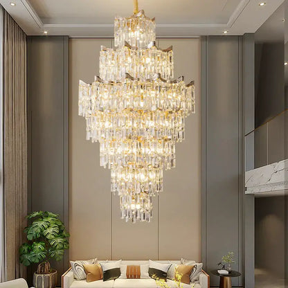 Elegant crystal chandelier gold multi-tiered with clear glass prisms and metal frame for decorbites elegant living room decor