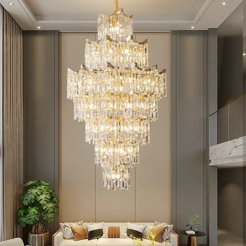 Elegant crystal chandelier gold multi-tiered with clear glass prisms and metal frame for decorbites elegant living room decor