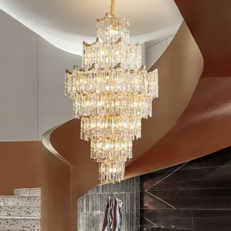 Elegant crystal chandelier gold multi-tiered living room light with cascading clear glass prisms by decorbites elegant crystal