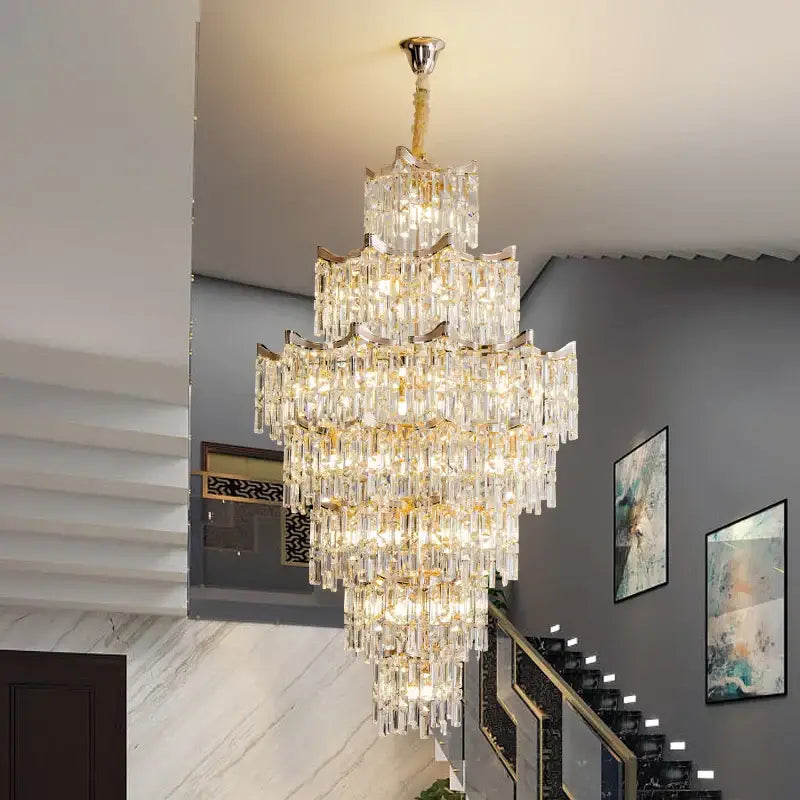 Elegant crystal chandelier gold multi-tiered living room light with clear glass prisms and decorbites elegant design