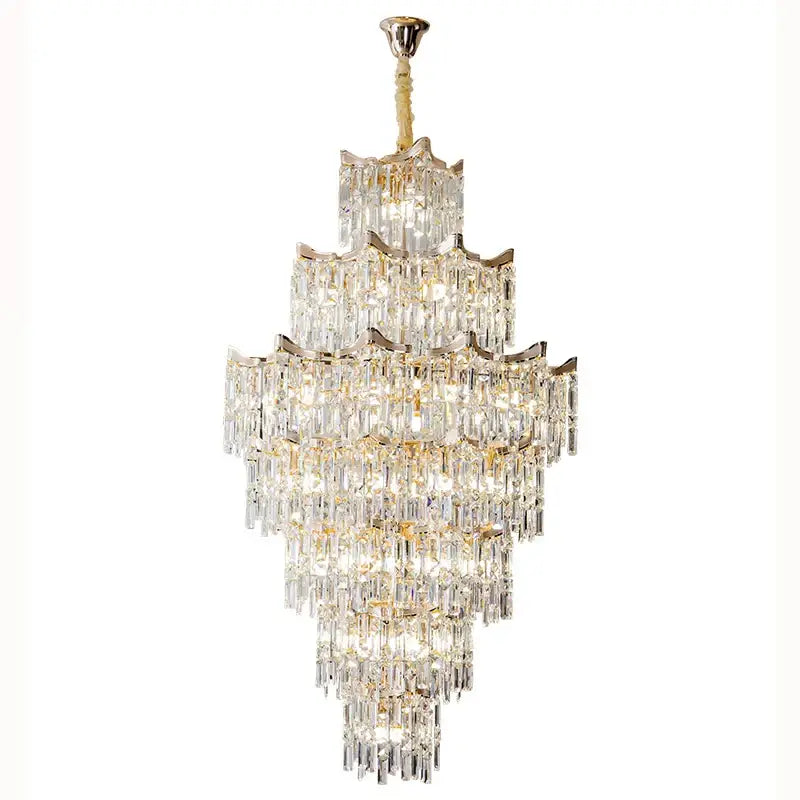 Elegant crystal chandelier gold multi-tiered living room light with gold-toned frame and cascading clear glass prisms decorbites elegant crystal