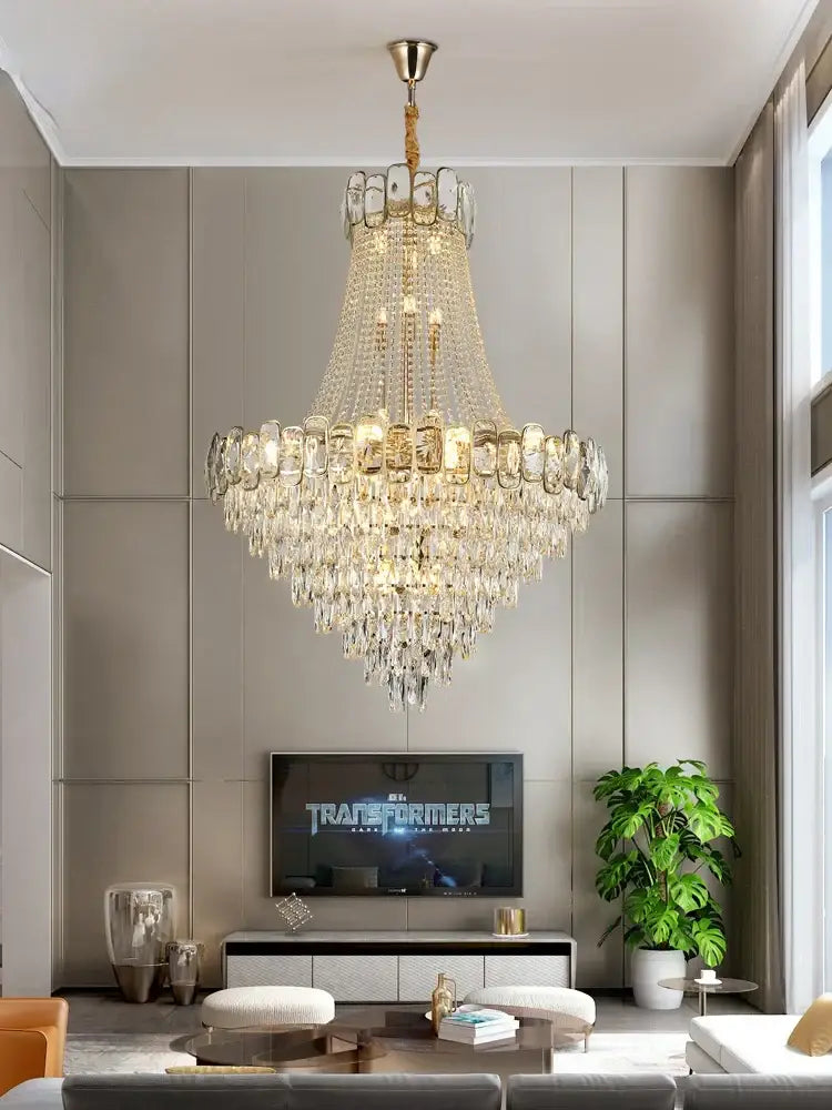 Elegant crystal chandelier led with a gold-toned metal frame and multi-tiered glass elements for living room decorbites