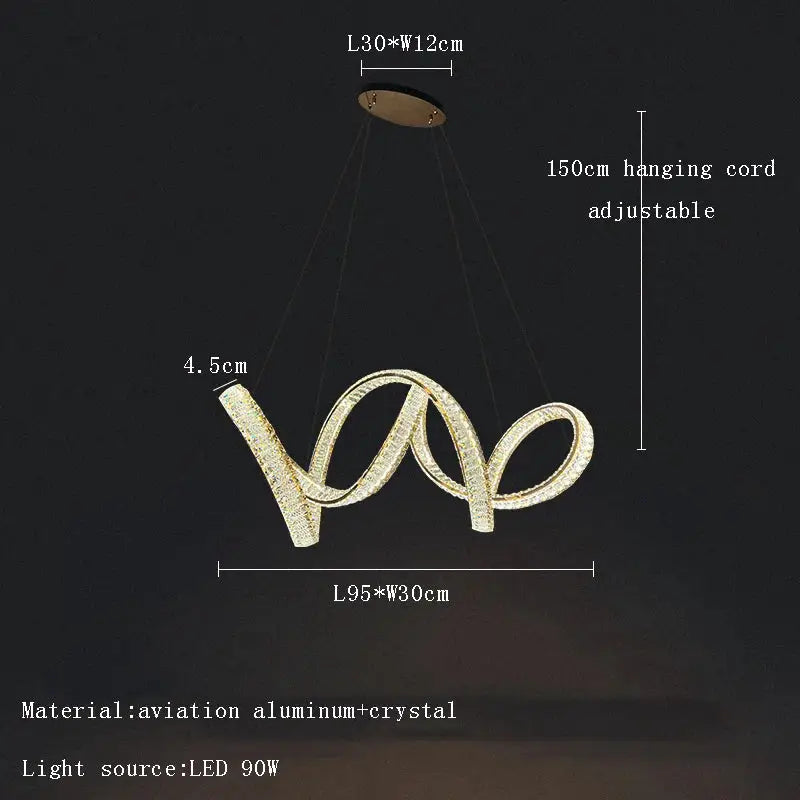 Gold-toned modern led chandelier with sleek intertwined spiral design made of aviation aluminum and crystal decorbites elegant crystal