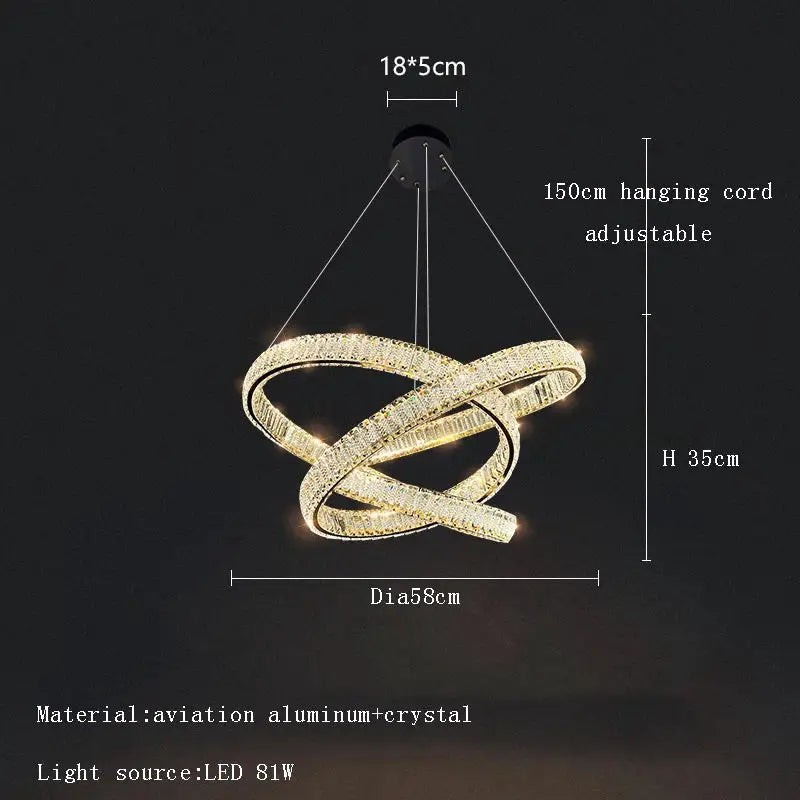 Modern gold elegant crystal chandelier with spiral aviation aluminum bands and led lights for living room decorbites elegant crystal