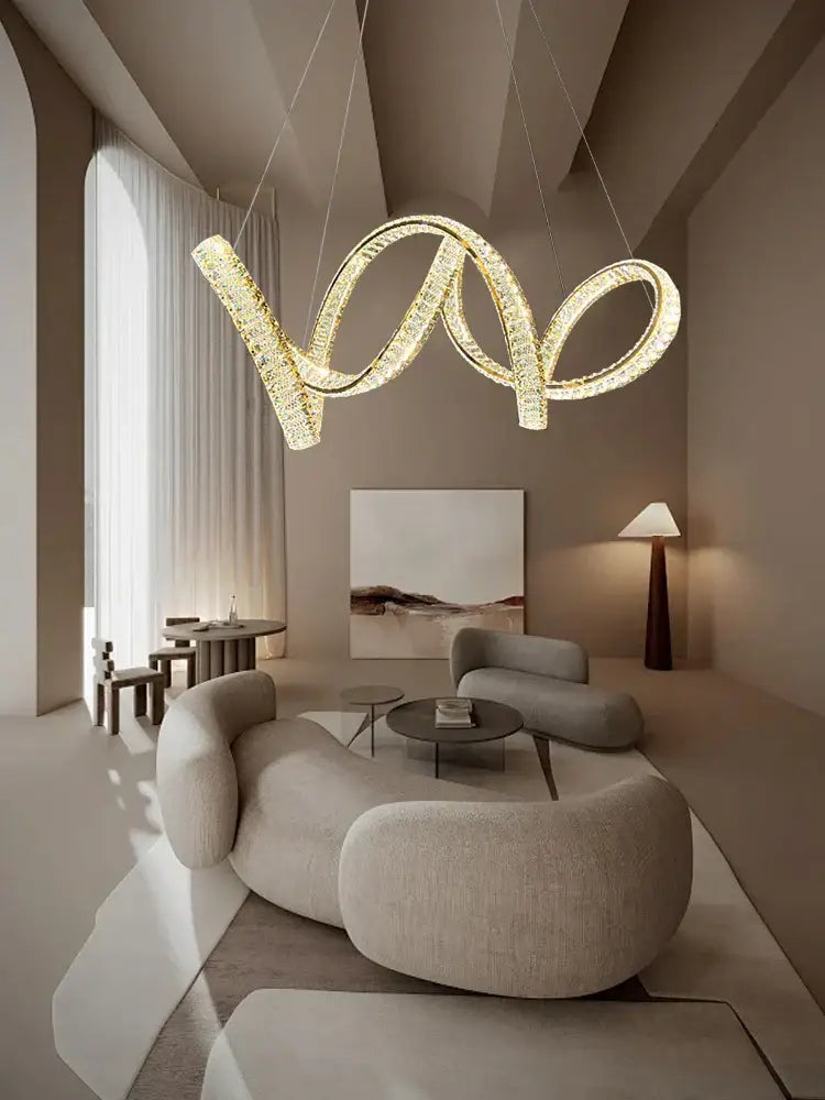 A decorbites elegant crystal chandelier in gold with a modern intertwined spiral design for living room lighting