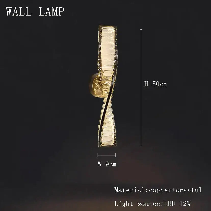 A sleek 50cm tall decorbites elegant crystal chandelier wall lamp in gold with twisted copper and crystal design for living room
