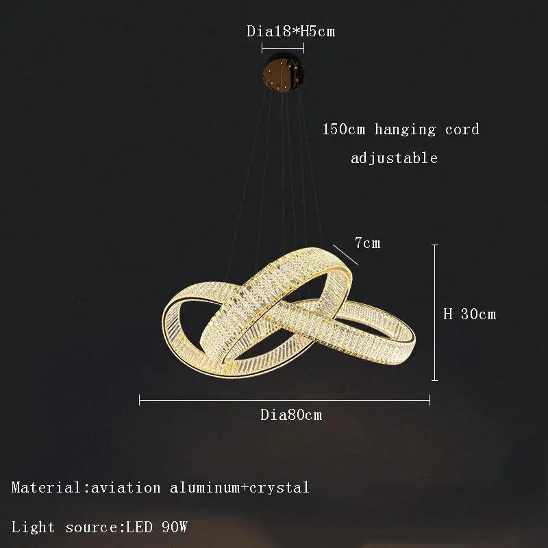 Gold-toned infinity-loop elegant crystal chandelier by decorbites made of aviation aluminum and crystal with led 90w light